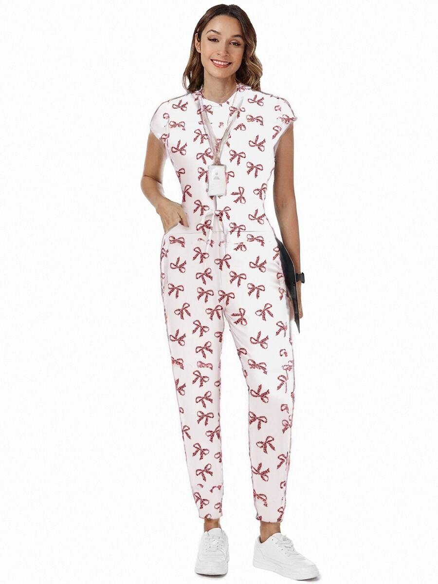 TaskEZ Scrub-jumpsuit för kvinnor, rosa leopardmönster med rosettgrafik, sjuksköterskeuniform, vårdpersonalens scrub-set, matt tryckt jumpsuit med axelärmar, 4 fickor och dragsko i midjan - Multifärgad - Visa 1