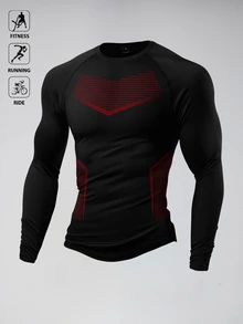 Gym Rark تي شيرت رياضي رجالي كاجوال مخطط بألوان متباينة، أكمام طويلة، قصة ضيقة، مناسب للجيم - الأسود - مشاهدة 2