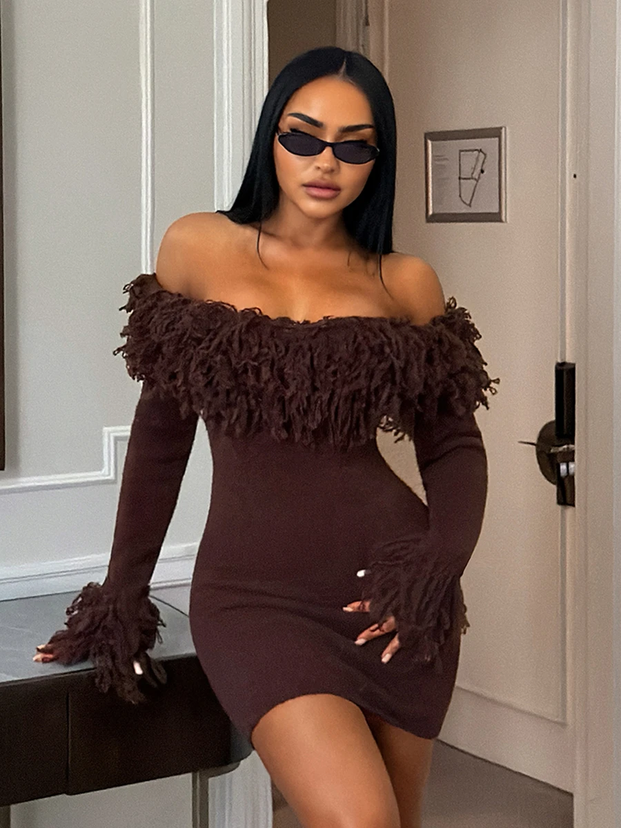 SHEIN SXY Women's Solid Color Tassel Design Off-Shoulder Long Sleeve Fashion Knit Dress - Coffee Brown - View 1