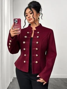 Yalmera Jaket Pendek Elegan Ukuran Plus Gaya Napoleon Kancing Ganda dengan Kerah Tegak dan Manset Kancing, Wol Warna Burgundy untuk Natal dan Tahun Baru - Burgundy - View 1