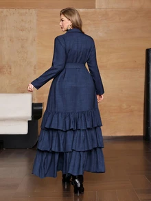 Roveilla Plus Size Denim Effect Collared Shirt Style Belt Waist Cinched Three-Layer Tiered Ruffle Full Skirt Elegant Layered Dress For Vacation And Party - Blue - View 2