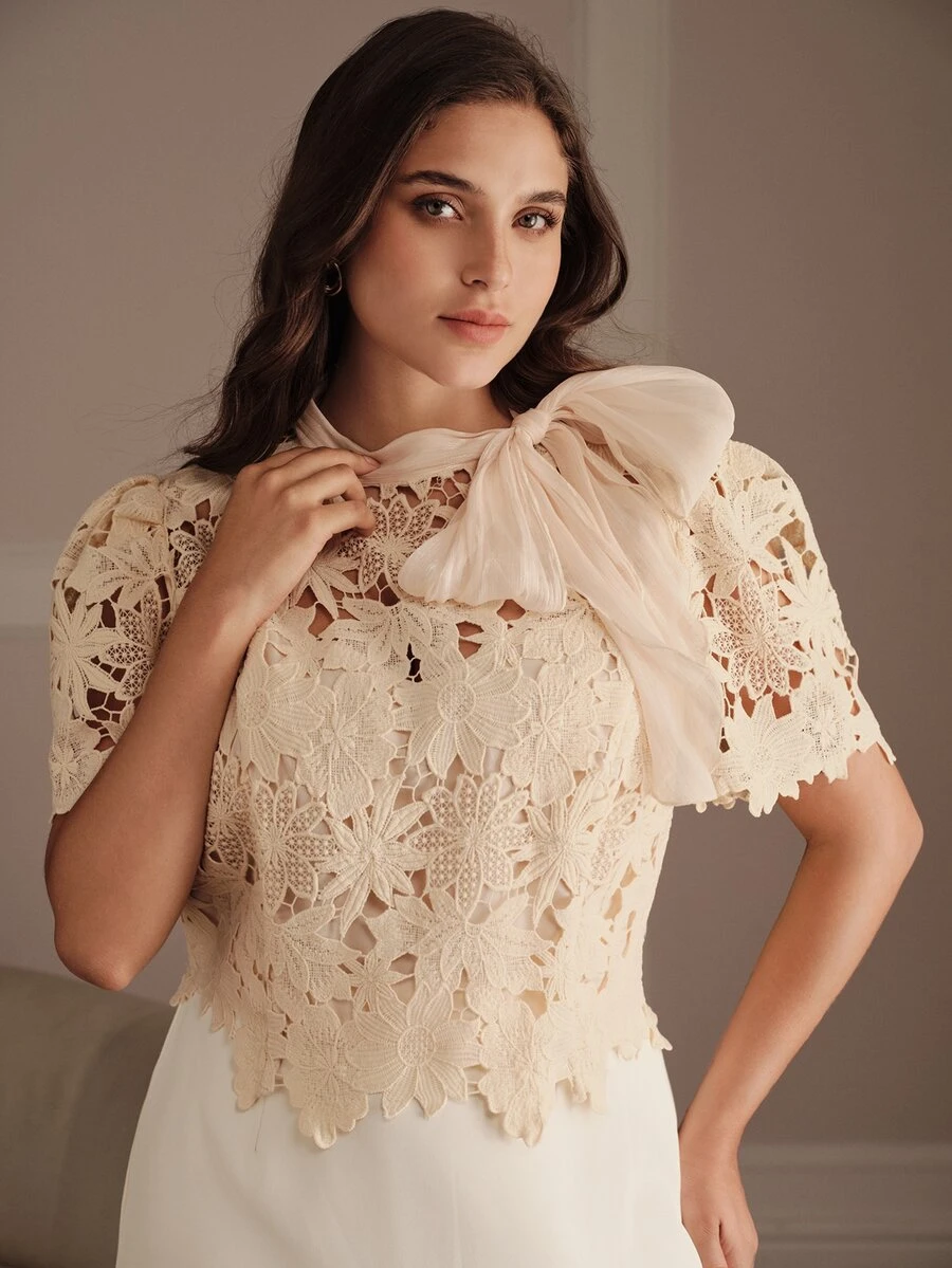 Anewsta Spring/Summer French Gentle Style Beige Hollow Lace Bowknot Versatile Plus Size Women's Blouse - Pink - View 1