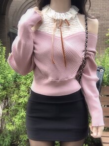 DAZY Women's Pink Lace Patchwork Lace-Up Halter Neck Halterneck Ribbed Knit Slim Fit Long Sleeve Sweater - Pink - View 4
