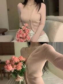 DAZY 女款素色休閒百搭日常穿搭開襟衫 - 粉色 - 查看 5