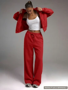 MUSERA Pocket Detail Wide Leg Sweatpants Vacation Casual Summer Capsule Airport Fall Autumn - Red - View 3