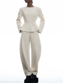 LYSMO Women's Solid Color Long Sleeve Jacket And Pants Casual Suit Set - White - View 5
