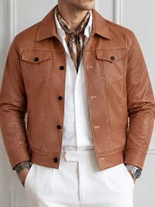 HUEFORM Men's Old Money Brown Leather Cropped, Loose Fit Jacket, Features A Dual-Pocket Design With Topstitching-Perfect For Everyday Styling - Brown - View 3