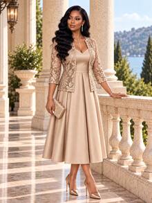 Fleurora Women's Sweet Pleated Spaghetti Strap Dress With Jacquard Cardigan 2 Pieces Set - Apricot - View 7
