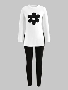 SHEIN Tween女孩秋冬休閒街頭風黑白花卉印花側開衩長袖長版T恤搭配刷毛內裡內搭褲2件套，日常穿著 - 黑與白 - 查看 4