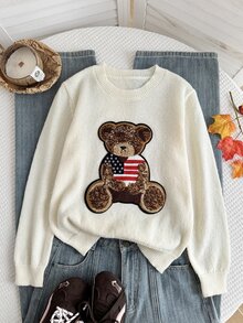 SHEIN 女童美式國旗設計熊刺繡針織毛衣，奶油白中厚款圓領標準肩寬套頭長袖針織上衣，舒適面料，適合單穿、疊穿、休閒外出、聚會與旅行 - 米色 - 查看 5