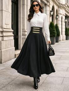Holdful Holdful Solid Shirt & High Waist Fold Pleated Skirt - Black and White - View 1
