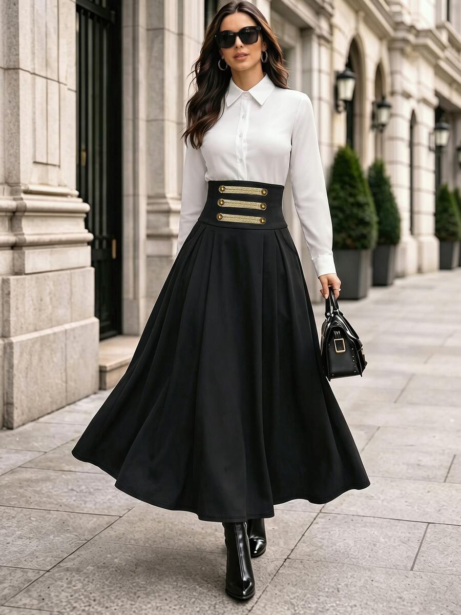 Holdful Holdful Solid Shirt & High Waist Fold Pleated Skirt - Black and White - View 1