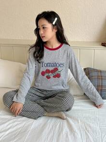 Dazy Kids 對比色圓領圖案印花休閒女童居家服套裝 秋季 - 黑與白 - 查看 2