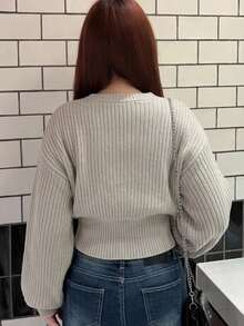 Dazy Plus Rhinestone Decor Letter Jacquard Short Korean Style Versatile Autumn/Winter Sweater - Grey - View 2