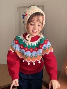 Hapijoa Young Girl Geometric Pattern Raglan Long Sleeve Casual Sweater - Burgundy - View 3