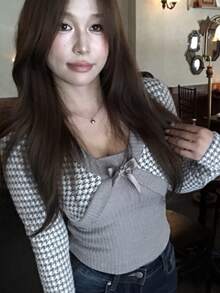 DAZY Women's Autumn Grey & White Houndstooth 2 In 1 Patchwork Bow Decor Fitted Long Sleeve Casual Date Sweet Daily Knit T-Shirt - Grey - View 16