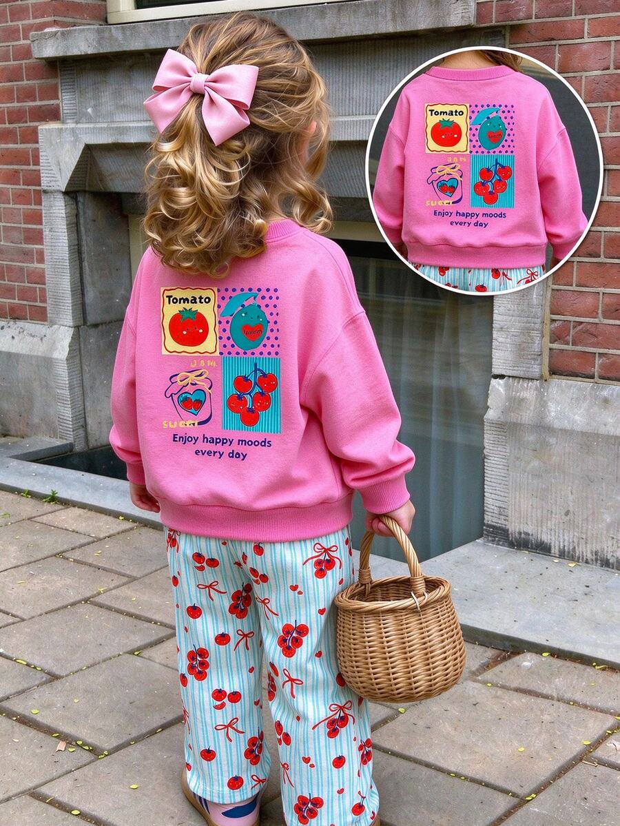 SHEIN 2pcs Toddler Girl Sweatshirt + Pants Sweet Pink Blue Fruit Print Striped Bow Long Sleeve Round Neck Regular Birthday Party Fall - Green - View 1