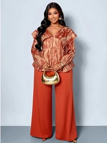 SOLERSUN Plus Size Vintage Print 2 Pieces Set, Plus Size Shawl Collar Cinched Waist A-Line Top And Draped Wide Leg Pants, Retro Textured Print, Mature Elegant Style For Daily Wear, Gatherings And Commuting - Orange - View 5