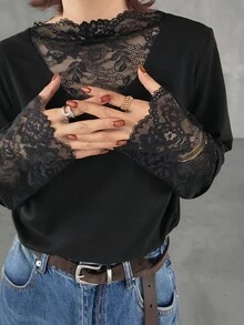 FRIFUL Kaos Kasual Wanita Motif Renda untuk Pemakaian Sehari-hari - Hitam - View 2