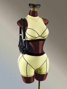 Amplova Women's Yellow & Brown Colorblock Tank Top & Shorts Tight Fit Sports Set - Yellow - View 4