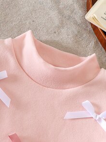 SHEIN 女嬰秋季休閒Y2K T恤套裝，正面彩色蝴蝶結設計，不對稱高領針織粉色長袖上衣搭配喇叭褲，2件套 - 粉色 - 查看 6