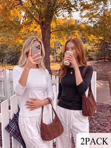 CovetEZ 2-Pack Women's Solid Color Crew Neck Three-Quarter Sleeve Casual Versatile T-Shirt - Multicolor - View 1