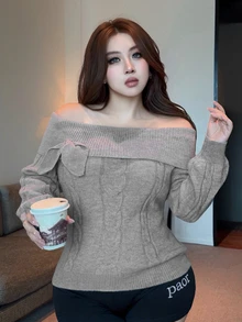 REIGN AVE Korean Style Casual Off-Shoulder Long Sleeve Sweater With Folded Collar - Grey - View 6
