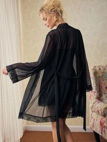 Elorette Set Piyama Wanita Seksi Berbahan Kamisol Renda dan Jubah Lengan Panjang - Hitam - View 2
