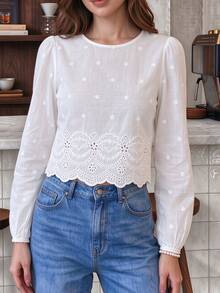 Cévolie Women's White Pure Cotton Floral Embroidered Pattern Round Neck Lantern Sleeve Short Blouse With Back Tie Design, Solid Color Minimalist Casual Versatile, Suitable For Daily Wear - White - View 2