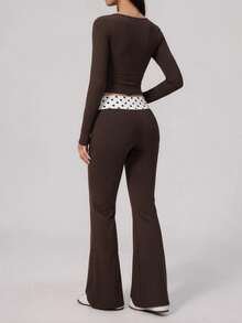 FavEase Women's Long Sleeve Top And Polka Dot Print Colorblock Pants Sports Set - Brown - View 2