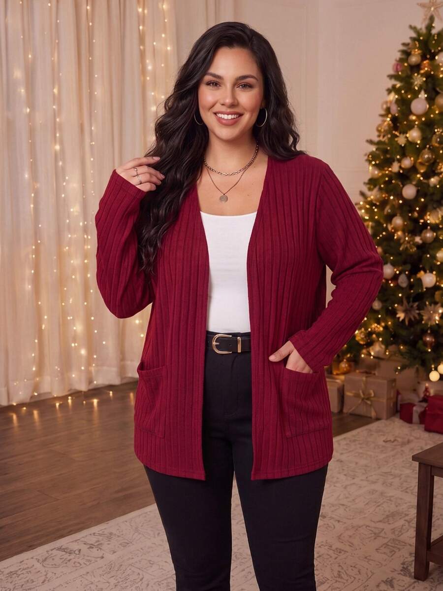 SHEIN Essnce 女款大尺碼休閒紅色針織開襟衫,彈性舒適保暖,寬鬆版型,適合秋冬日常穿著,秋季外套、聖誕服飾上衣 - 紅色 - 查看 1