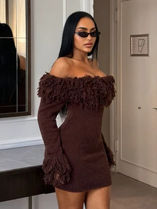 SHEIN SXY Women's Solid Color Tassel Design Off-Shoulder Long Sleeve Fashion Knit Dress - Coffee Brown - View 5
