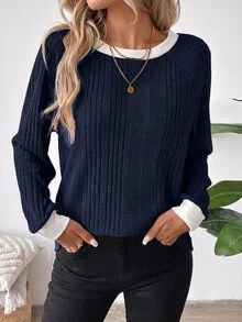SHEIN LUNE 2024秋冬女款新款Merlet色圓領衛衣，長袖上衣，秋季女裝，米色休閒早午餐穿搭 - 藏蓝色 - 查看 4