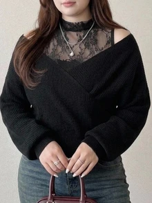 Dazy Plus Plus Size Women's Lace Patchwork Casual Daily Long Sleeve Sweater - Black - View 5