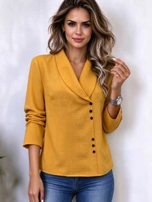 Zayélia Fashionable New Autumn/Winter Casual Long Sleeve Button Decor Women's Shirt - Yellow - View 3