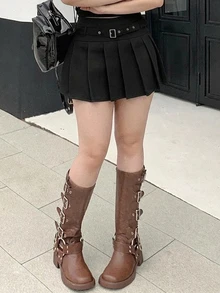 Dazy Plus Plus Size Women Solid Color Pleated Casual Versatile Mini Skirt - Black - View 6