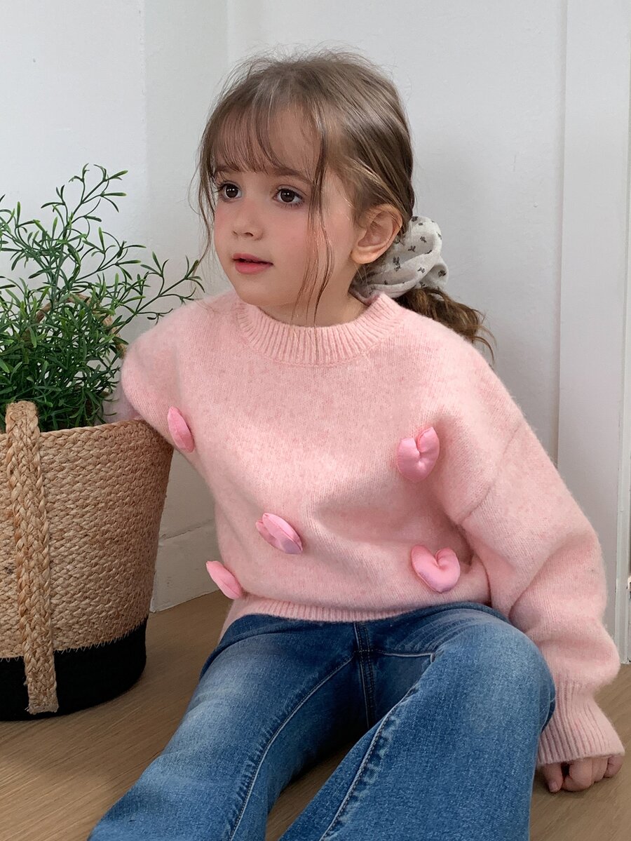 Hapijoa Young Girl 3D Heart Decor Round Neck Drop Shoulder Long Sleeve Casual Sweater - Pink - View 1
