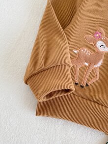 SHEIN 女嬰針織鹿刺繡開襟衫長袖外套與碎花長褲 2 件套，休閒日常寬鬆穿搭，適合春秋季 - 棕色 - 查看 6