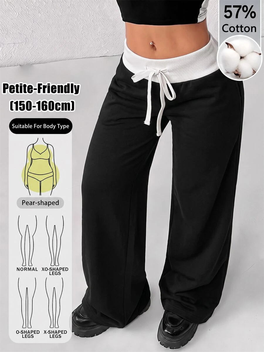 SHEIN PETITE PETITE 休閒運動風百搭通勤對比腰帶長褲 居家休閒 白色 夏季 畢業季 開學季 外出健身 - 黑與白 - 查看 1