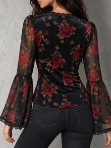 LUMIGAL Vintage Elegant V-Neck Printed Velvet Bell Sleeve Lace Trim Patchwork Fitted T-Shirt - Black - View 2