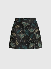 ROMWE Gothic Hippie Sun Moon Star Moth Print High Slit Plus Size Skirt - Black - View 1