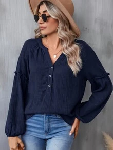 SHEIN LUNE Notched Neckline Lantern Sleeve Blouse,Casual - Navy Blue - View 7