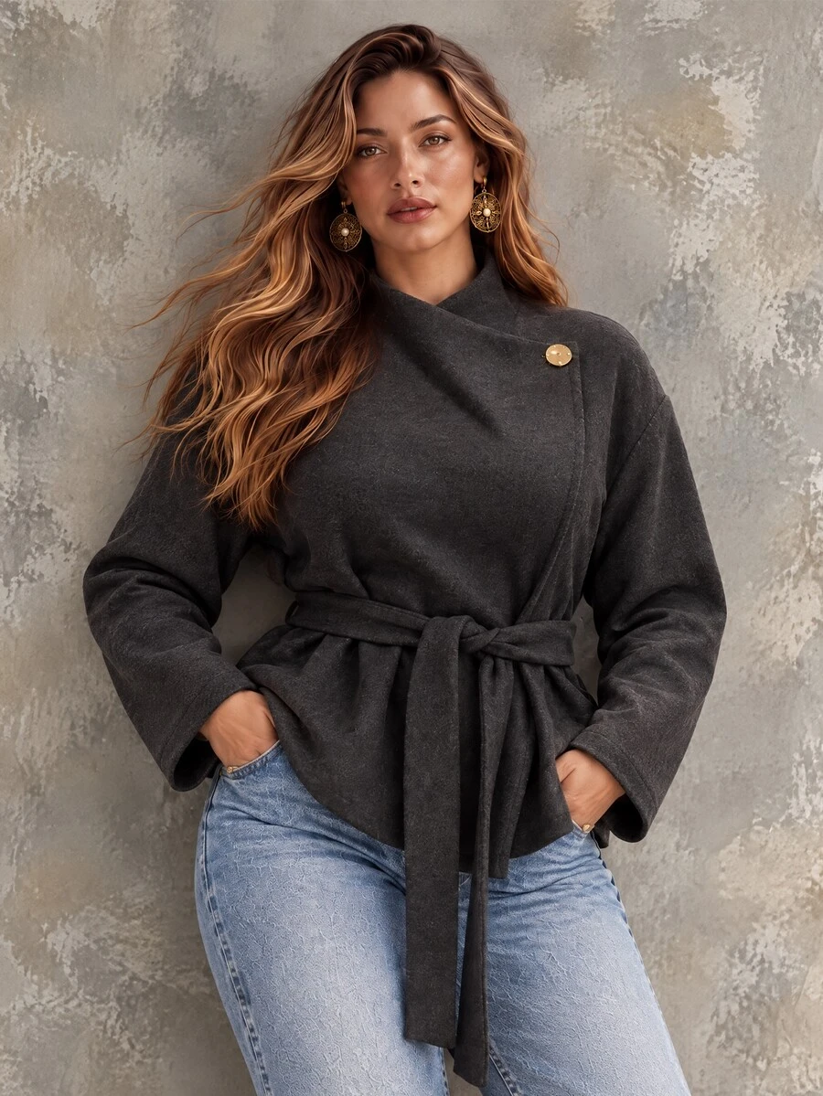 Ceyna Plus Size Autumn/Winter High Stand Collar Asymmetrical Hem Waist-Cinching Tie-Front Drop Shoulder Long Sleeve Casual Commute Multi-Occasion Short Overcoat - Grey - View 1