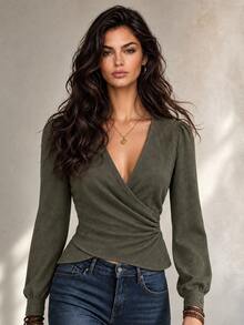 LUMIGAL Women's V-Neck Suede Long Sleeve Blouse - Army Green - View 3