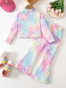 SHEIN Elladie kids 女童彩虹紮染羅紋兩件套，半高領短袖長袖上衣 + 喇叭長褲套裝，適合外出、拍照、假日聚會，春秋穿著 - 粉色 - 查看 2