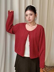 Dazy Plus Solid Color Loose Hollow Round Neck Long Sleeve Short Casual Vacation Spring Autumn Knit Cardigan - Burgundy - View 6