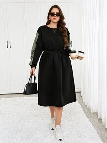 Easowa Curve Plus size minimalistisk plisserad colorblock-klänning - Svart - Visa 1