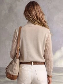 SHEIN Women's Solid Color Stand Collar Long Sleeve Pocket Design Sweater - Apricot - View 2