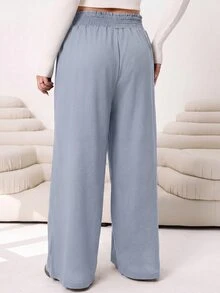 SHEIN CURVE+ 大尺碼女款純色抽褶腰寬腿寬鬆長褲 秋季 - 淺灰色 - 查看 2