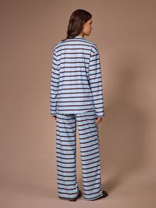 Lazeform Women's 3 Pieces Pajama Set With Lapel Long Sleeve Cardigan Jacket, Blue And Brown Striped Textured Knit - Blue - View 2